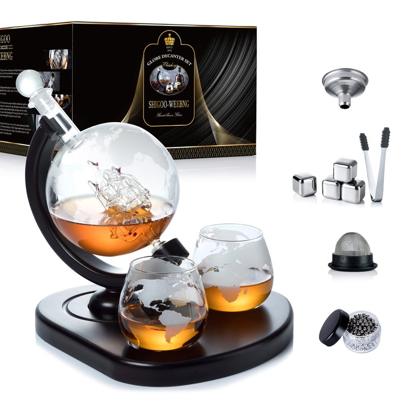 SHIGOO Whiskey Decanter Set,Globe Decanter,Whiskey Gifts for Men Husband Him Boyfriend Dad Women,with 2 Glasses,Beads,4 Ice Cubes,Tong & Funnel,Beverage Drink Dispenser,for Whisky,Liquor,Wine,Brandy,Cognac - Image 1